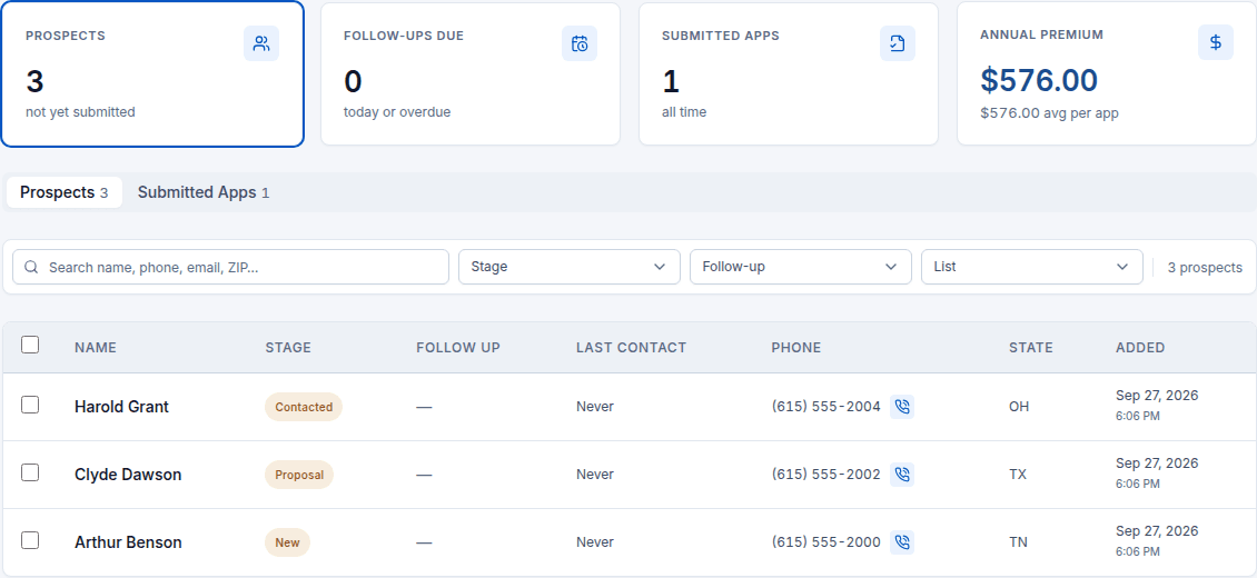 An agent’s customer list with prospects, stages, follow-ups and states